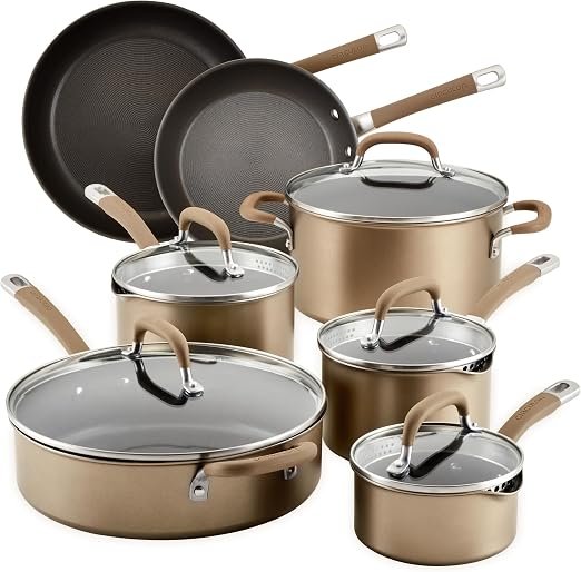 Juego de ollas y sartenes de inducción anodizado duro, antiadherentes, 12 piezas, bronce